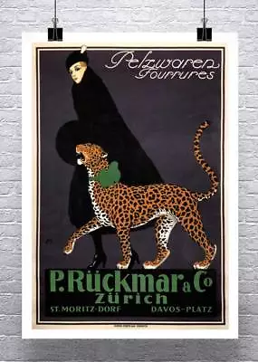 Woman Walking Leopard Vintage Art Deco Advertising Poster Paper Giclee 18x24 In • $44.56