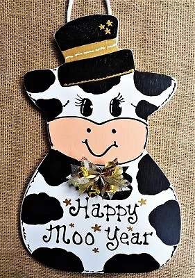 HAPPY MOO YEAR New Year's COW Sign Plaque Fall Autumn Door Wall Holiday Decor • $13