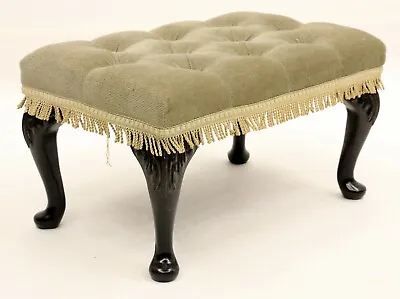 Small Queen Anne Style Footstool Cabriole Legs Button Upholstery FREE DELIVERY • £77