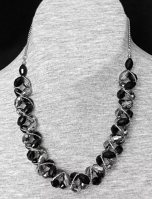 £3.99 • Buy Beautiful M&s Necklace With Black & Two Tone Silver/clear Glass Beads (n15)