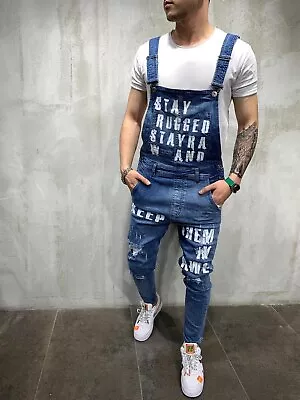 Fashion Men's Ripped Jeans Jumpsuits Hi Street Distressed Denim Bib Overalls • $64.68