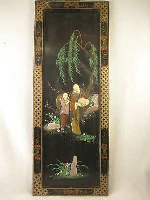 Vintage Chinese Oil Painting On Black With  Embossed  Resin Figurs On Wood ~ • $18