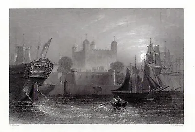 FRAMED 1800s W. H. BARTLETT Engraving  River Thames Tower Of London  SIGNED COA • $142