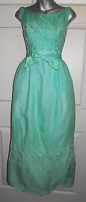 Vintage 50s 60s Aqua Chiffon Long Gown Dress Embroidered B34 • $23.99