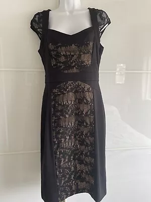 Phase Eight Bandage Dress. Black Lace Bodice Over Goldish Underlay. Size 12. • £8