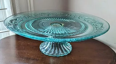 Vintage EAPG Aqua-Green Ice-Blue Glass Pedestal Cake Plate Stand • $34.99