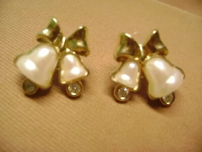 Vintage Pearly White Bells  Rhinestone Christmas Holiday Post Pierced Earrings • $5.99