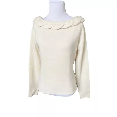 Max Mara Bateau Braided Neck Collar Sweater Sz Medium Ivory Wool Cashmere Blend • $100