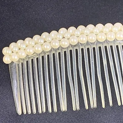 Hair Comb Vintage Faux Pearl Beaded Clear Plastic Bridal Wedding • $11.99