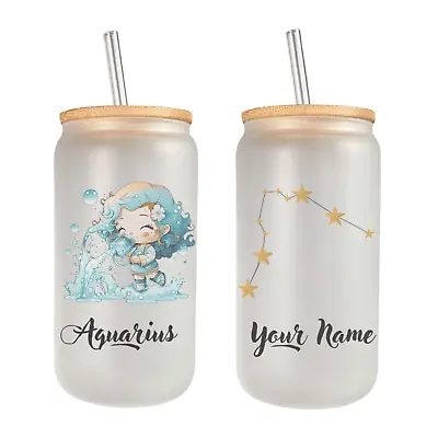 Zodiac Sign Constellations Frosted Glass Can W Bamboo Lid 16 Oz Glass Cup Mugzan • $17.99