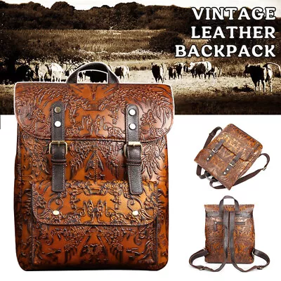 Unisex Brown Vintage Genuine Leather Backpack Travel Bag Embossed Handbag Mens • $83.84