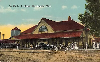 Big Rapids Michigan Postcard G.R. & I Depot Classic Cars PM 1914    B7 • $6.99