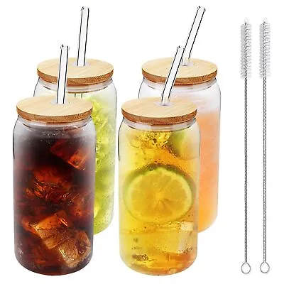 4pcs 20oz Glass Cups With Bamboo Lids And Straws Beer Cups With 2 Brushes • $16.99