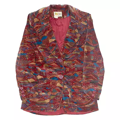 Vintage FOCUS Womens Blazer Jacket Red Velvet 90s Crazy Pattern S • £28.99