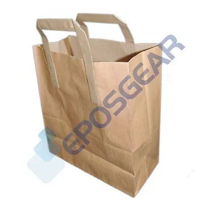 100 Small Brown SOS Kraft Takeaway Food Party Gift Paper Handle Carrier Bags • £10.56
