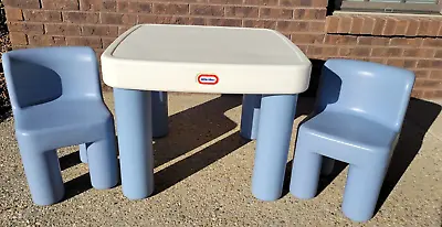 Vintage Little Tikes Kid Child Size Chunky Blue White Table Drawers Two Chairs • $95