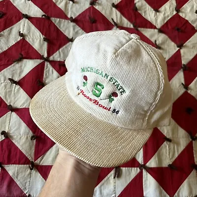 Vintage Michigan State Rosebowl Hat White Corduroy As Is Stained Worn Flaws 80s • $15