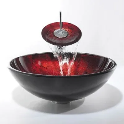 £169.99 • Buy Luxury Red Black Glass Basin Sink Bowl + Matching Glass Waterfall Tap Mixer
