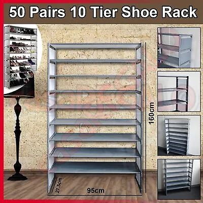$28 • Buy CASA 50 Pairs 10 Tiers Stackable Storage Shoe Rack Cabinet Organiser Steel Gray