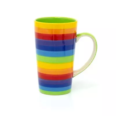 Hand Painted Rainbow Striped Tall Ceramic Latte Mug | Coffee Mug Tea Cup • £13.99