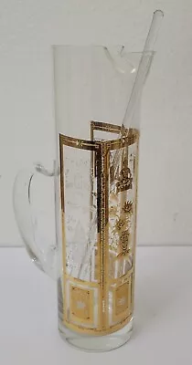 Vintage MCM Gold Culver Martini Cocktail Pitcher And Stirrer Asian Theme • $69.99