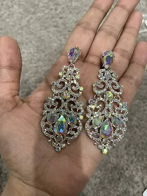 3.25” Long Silver Clear Aurora Borealis AB Chandelier Crystal Pageant Earrings • $17