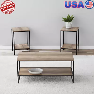 Farmhouse End Side Storage Table Set W/ Shelf Rustic Oak Living Room 3-Piece New • $148.50