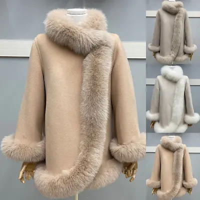 Women 100% Real Fox Fur Trim Cashmere Ponchos Cape Cardigan Coat Warm Tops Shawl • $200.78