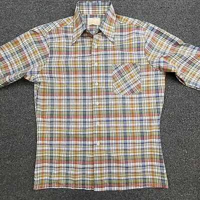 VINTAGE Sears Plaid Shirt Short Sleeve Mens Medium Polyester Kings Road Shop • $18.95