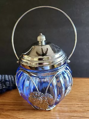 VINTAGE Musical LARA'S SONG Wind-Up BLUE Glass Silver Vine Cookie & Candy Jar • $39.94