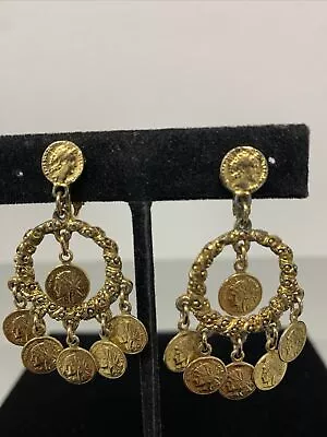 Vintage Coin Hoop Earrings Gold Tone Gypsy Boho Clip On • $24.99