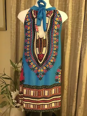 Turquoise & Pink Egyptian Style High Neck Tie Back Mini Dress 👗 Brand New L 14 • £7.95