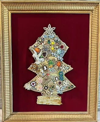 Framed Handmade Christmas Tree Vintage Costume Jewelry Velvet OOAK • $225
