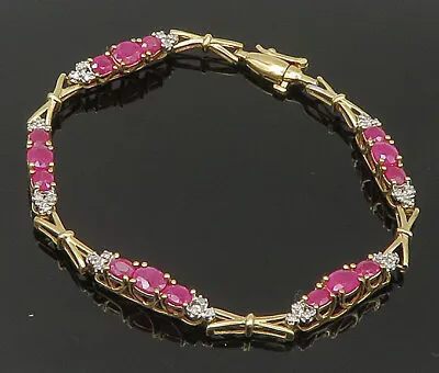 10K GOLD - Vintage Oval Ruby & Genuine Diamonds Link Bracelet - GBR045 • $491.25