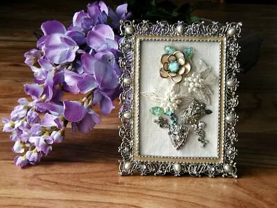 Framed Jewelry Art Mixed Media Vintage Floral Bouquet By L Betz • $65
