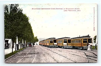 Postcard Waukesha Beach Lake Pewaukee Milwaukee Interurban Cars Stop AN • $11.04