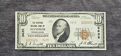 1929 10.00 Type 2 Keystone Nat'l Bank Of Manheim Pa Pennsylvania CH# 3635 • $329.99