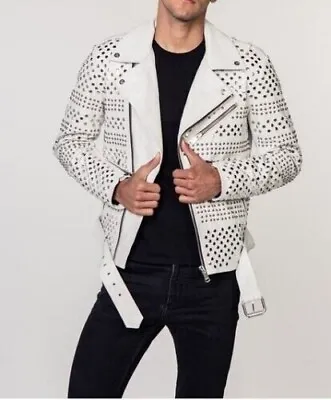 New Handmade White Leather Jacket studded Jacket Biker Jacket For Men's • $261.99