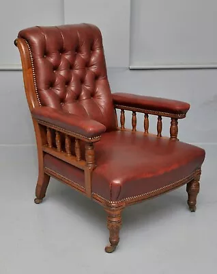 Victorian Oak Frame Red Leather Library Occasional Easy Armchair • £795