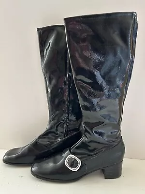 Vintage 60s Patent Black Leather Go Go Boots With Silver Buckle Size 8 Heeled • $38