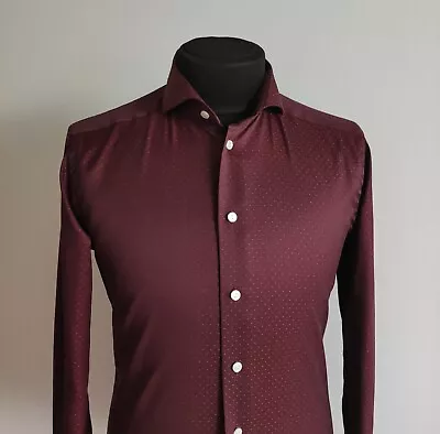 Eton Cambridge Slim Mens Burgundy Polka Dot Long Sleeve Dress Shirt 39 / 15.5  M • $27