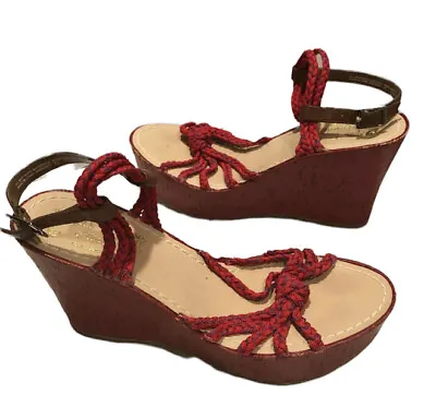 Miss Trish Of Capri Rope Wedges Red & Blue Woven Sandals Heels Shoes Size 7.5 • $10.90