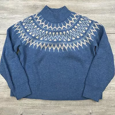 J Crew Sweater Womens Large Blue White Fair Isle Lambs Wool Blend Preppy • $24