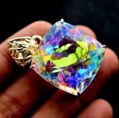 Cushion Natural Mystic Quartz 98 Ct 925 Solid Silver Rainbow Pendant Gemstone • $40