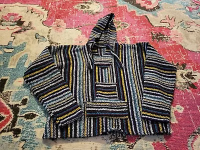 Vtg Adult XL Vel-Mex Rug Blanket Hoodie Festival Boho Top Baja Mexican Pullover • $13.79