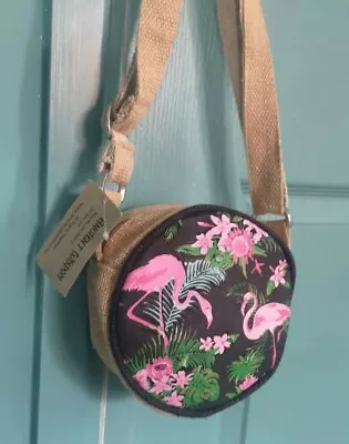 Jute Handbag Natural Organic Sustainable Eco Adjustable Strap Pink Flamingo Art • £11