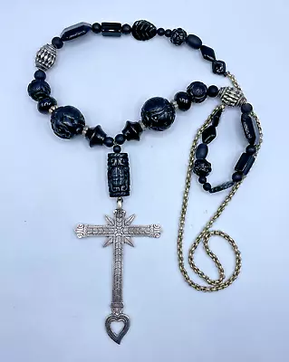 Huge! VTG Etched 925 Silver Cross Black Glass Beads Moroccan Tribal BoHo 26g • $90