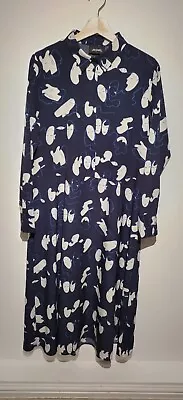 Monki Size S Oversized Shirt Dress Blue Abstract Face Pattern Maxi Long Sleeve • $28.42