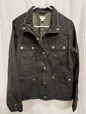 J Crew Mossy Green Military Style Field Jacket Women's Size Large Zip Snaps G8 • $25