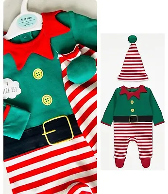 £5.95 • Buy Baby Christmas Elf Sleepsuit Ge@rge Red Cotton Xmas Outfit Hat Set Boy Girls NEW